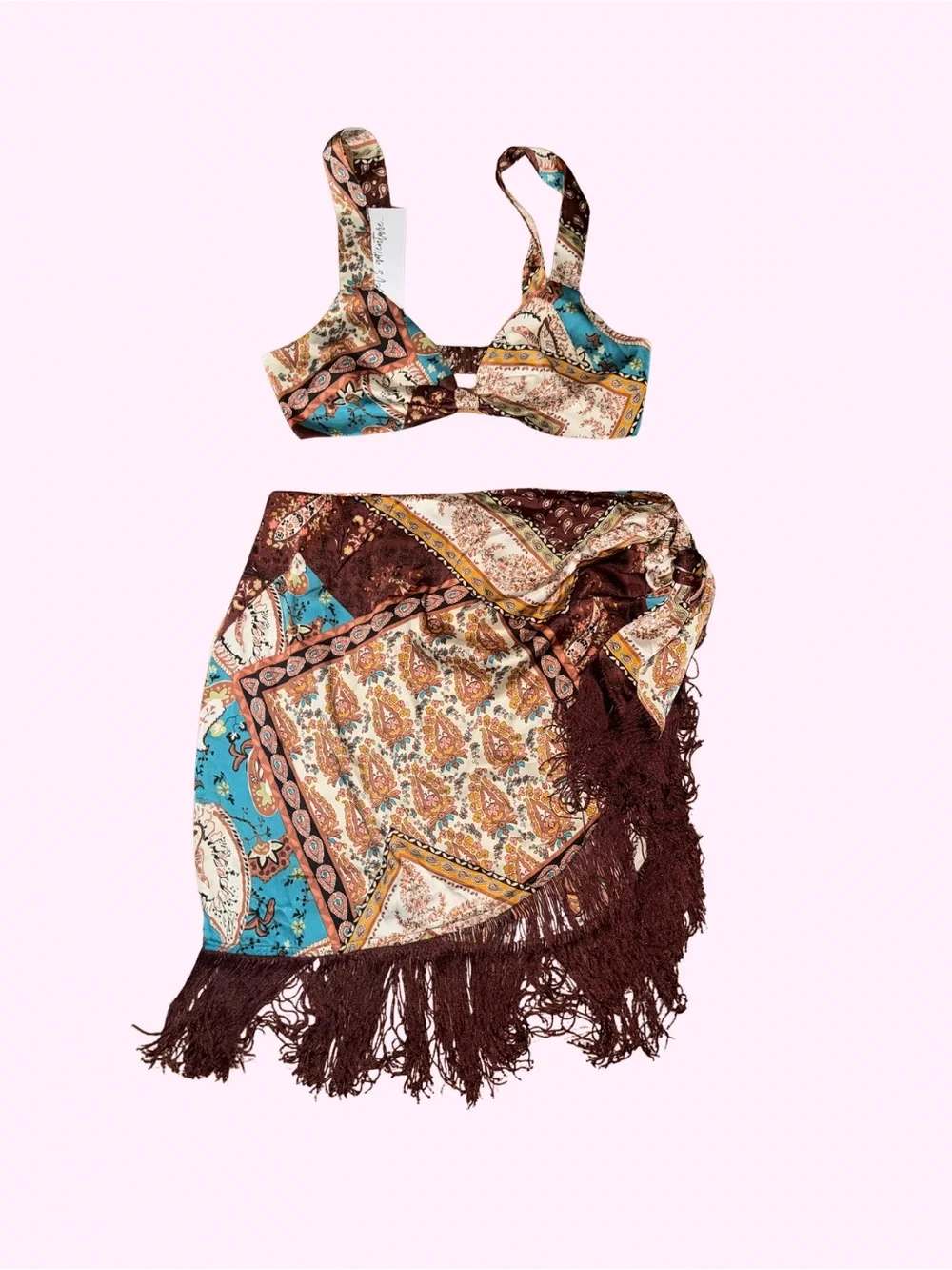 Paisley Print Bikini Top and Fringe Sarong Set in Turquoise & Brown